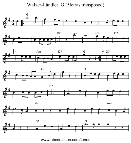 Walzer-L&auml;ndler  G (5letras transposed) - staff notation