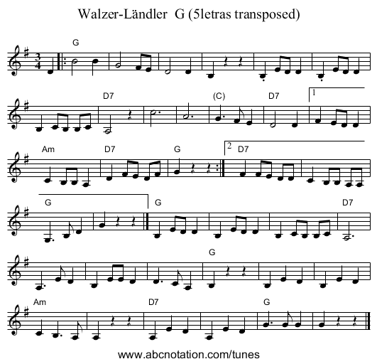 Walzer-L&auml;ndler  G (5letras transposed) - staff notation