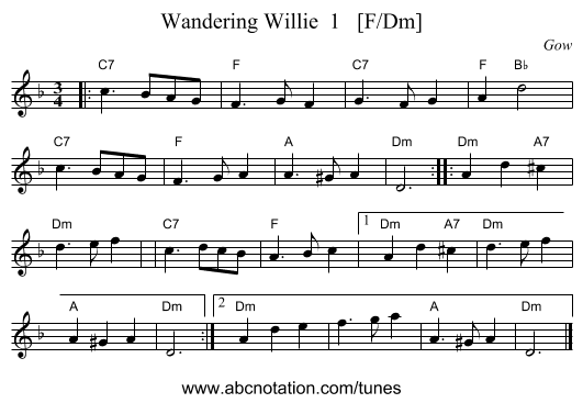 Wandering Willie  1   [F/Dm] - staff notation