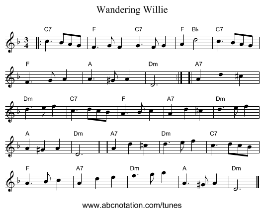 Wandering Willie - staff notation