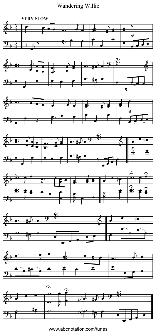 Wandering Willie - staff notation