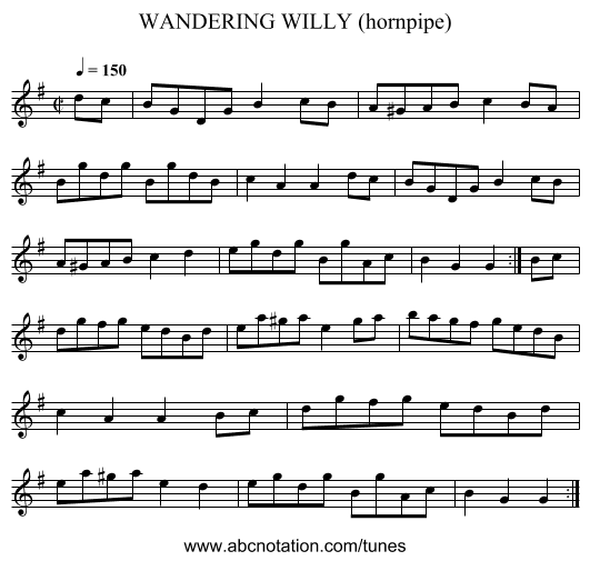 WANDERING WILLY (hornpipe) - staff notation