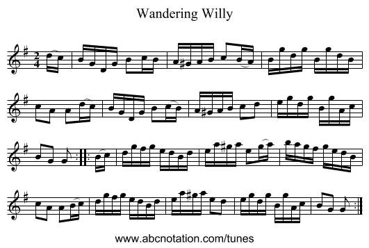 Wandering Willy - staff notation