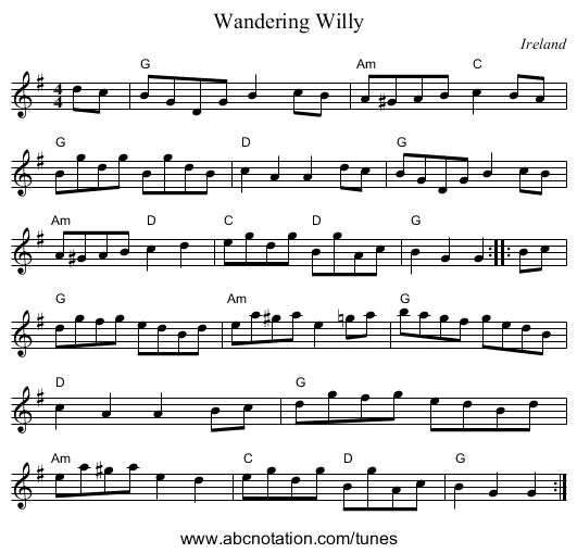 Wandering Willy - staff notation