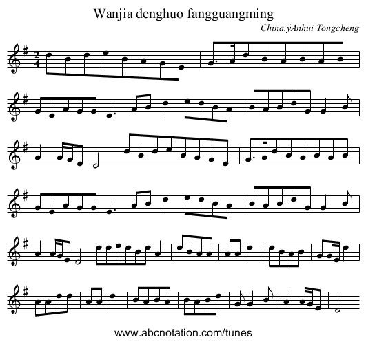 Wanjia denghuo fangguangming - staff notation