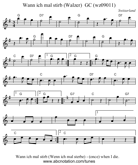 Wann ich mal stirb (Walzer)  GC (wz09011) - staff notation
