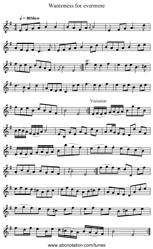 Wantoness for evermore - staff notation