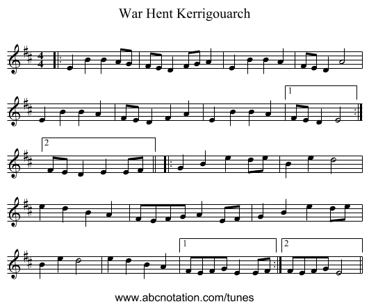 War Hent Kerrigouarch - staff notation