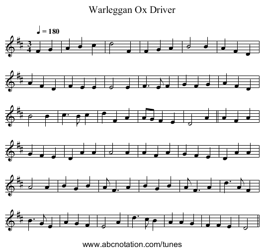 Warleggan Ox Driver - staff notation