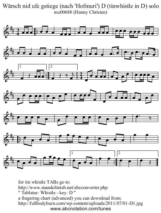 W&auml;rsch nid ufe gstiege (nach 'Hofmuri') D (tinwhistle in D) solo - staff notation