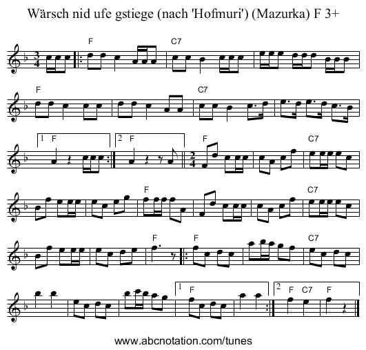 Wärsch nid ufe gstiege (nach 'Hofmuri') (Mazurka) F 3+ - staff notation