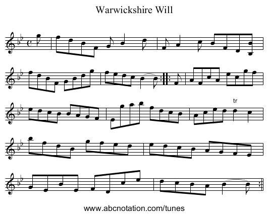 Warwickshire Will - staff notation