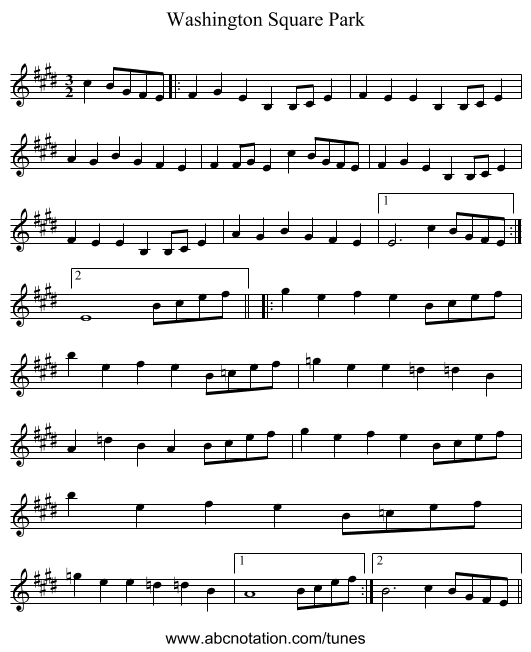 Washington Square Park - staff notation