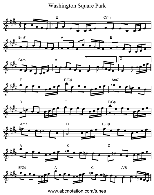 Washington Square Park - staff notation