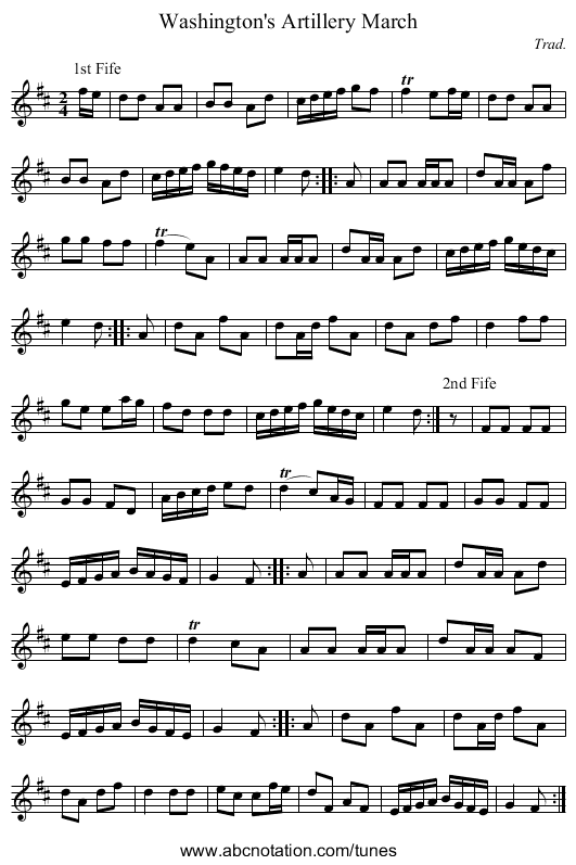 Washington's Artillery March - staff notation