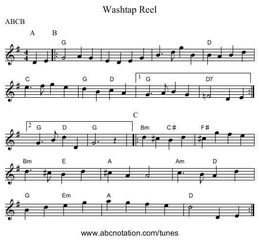 Washtap Reel - staff notation