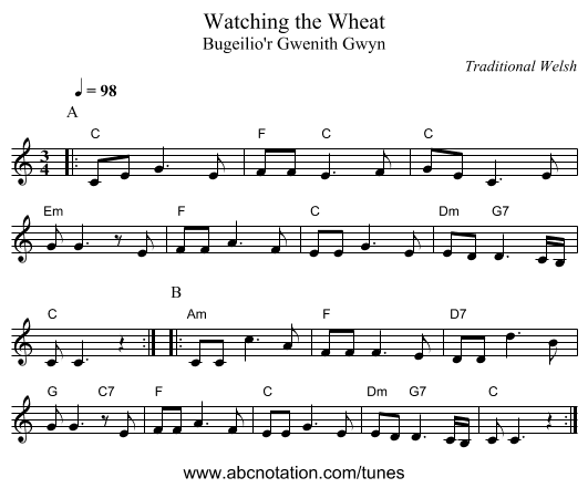Watching the Wheat - staff notation