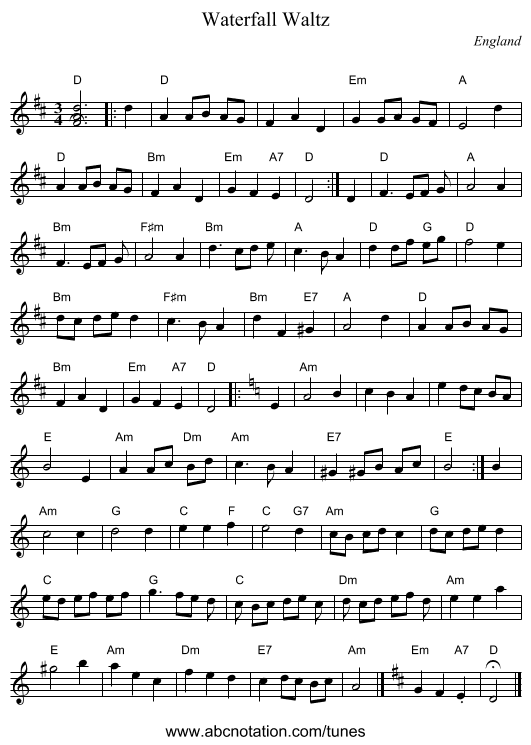 Waterfall Waltz - staff notation