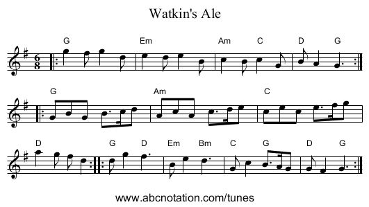 Watkin's Ale - staff notation