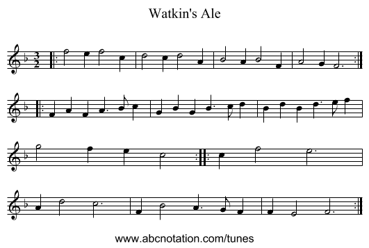 Watkin's Ale - staff notation