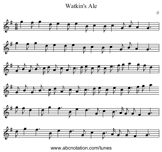 Watkin's Ale - staff notation