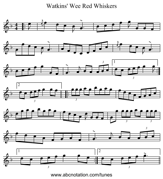 Watkins' Wee Red Whiskers - staff notation