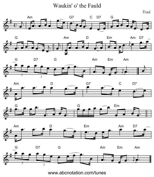 Waukin' o' the Fauld - staff notation