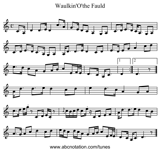 Waulkin'O'the Fauld - staff notation