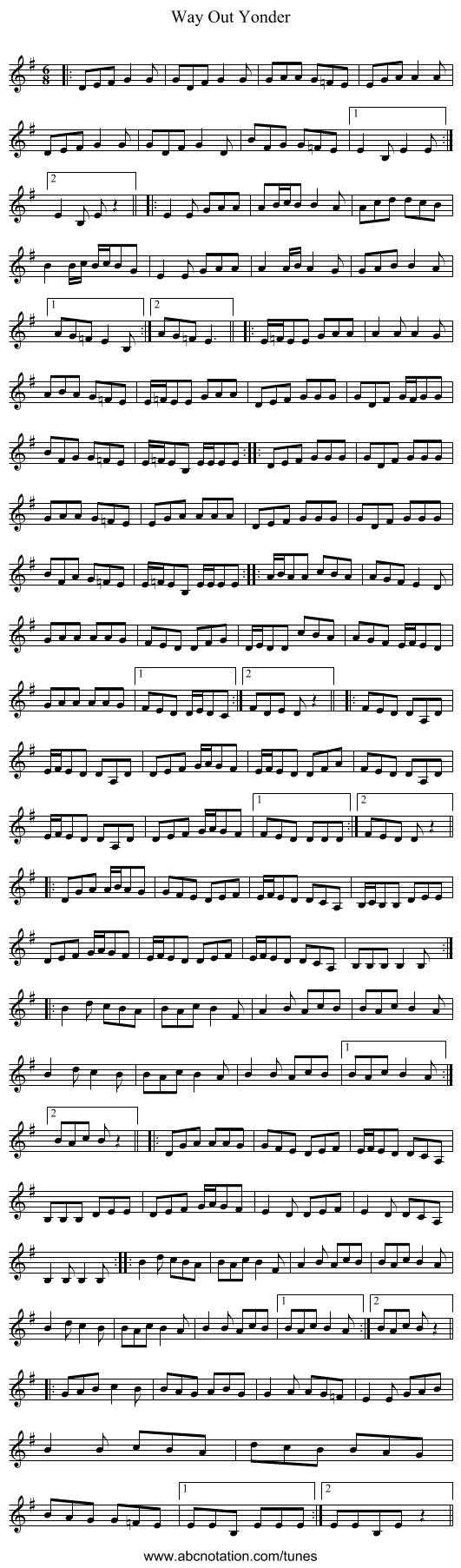 Way Out Yonder - staff notation
