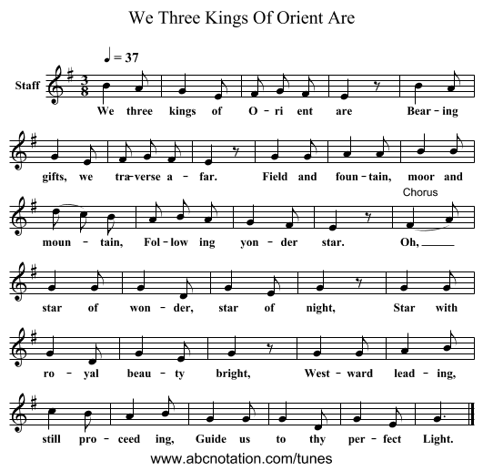 We Three Kings Of Orient Are - staff notation