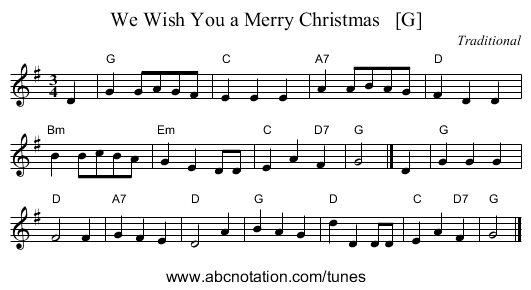 We Wish You a Merry Christmas   [G] - staff notation