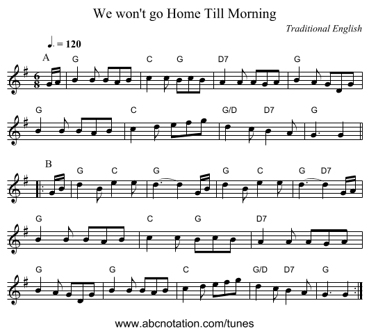 We won't go Home Till Morning - staff notation
