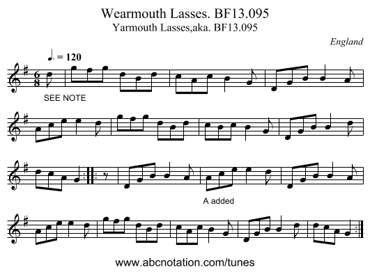 Wearmouth Lasses. BF13.095 - staff notation