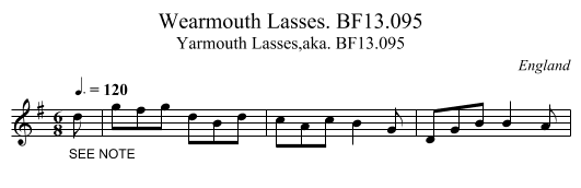 Wearmouth Lasses. BF13.095 - staff notation