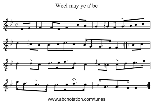 Weel may ye a' be - staff notation