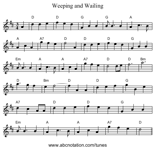 Weeping and Wailing - staff notation