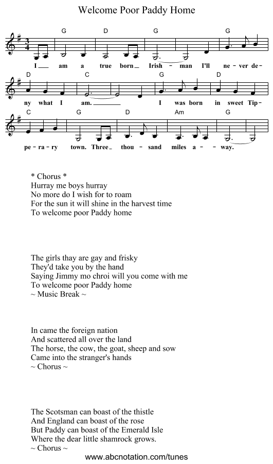 Welcome Poor Paddy Home - staff notation