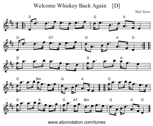 Welcome Whiskey Back Again    [D] - staff notation