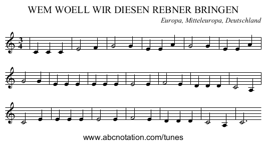 WEM WOELL WIR DIESEN REBNER BRINGEN - staff notation