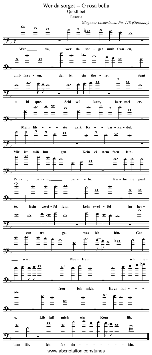 Wer da sorget -- O rosa bella - staff notation