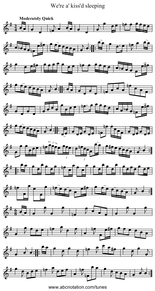 We're a' kiss'd sleeping - staff notation