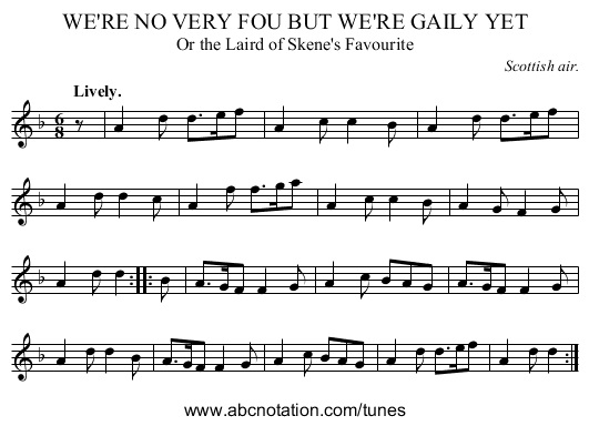 WE'RE NO VERY FOU BUT WE'RE GAILY YET - staff notation