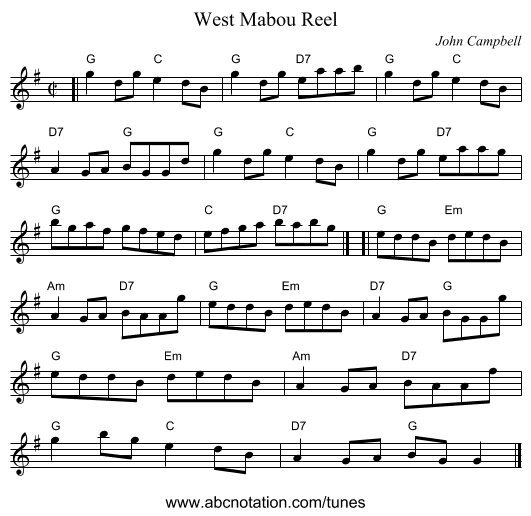 West Mabou Reel - staff notation