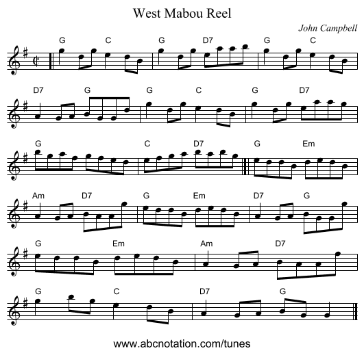 West Mabou Reel - staff notation