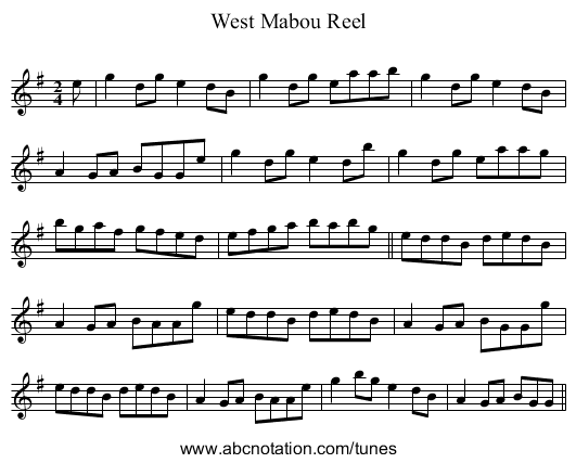 West Mabou Reel - staff notation