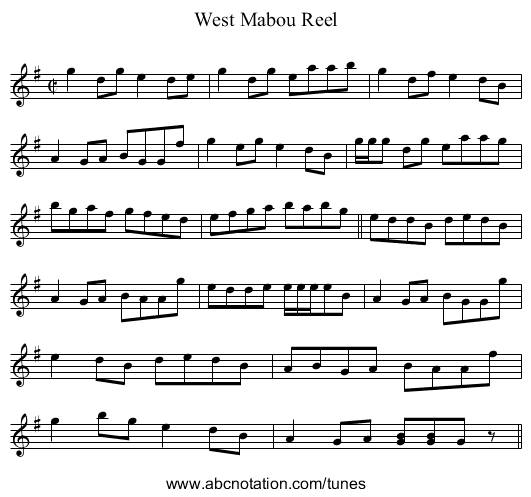 West Mabou Reel - staff notation