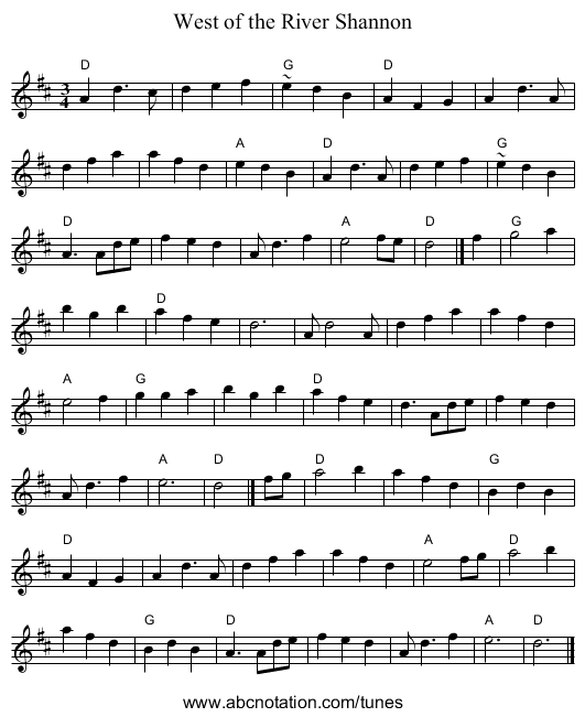 West of the River Shannon - staff notation