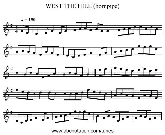 WEST THE HILL (hornpipe) - staff notation