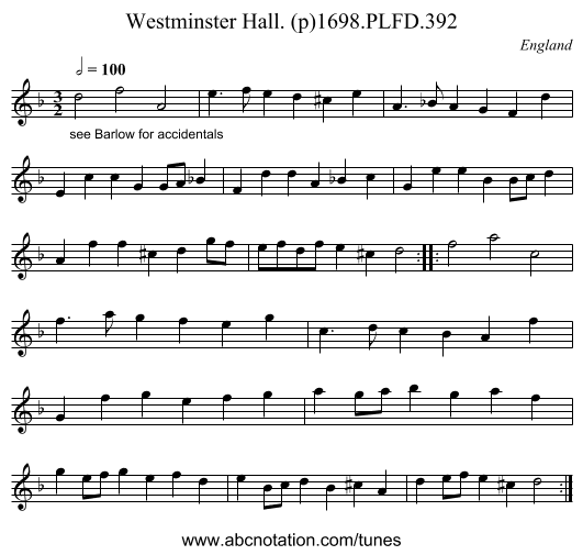 Westminster Hall. (p)1698.PLFD.392 - staff notation