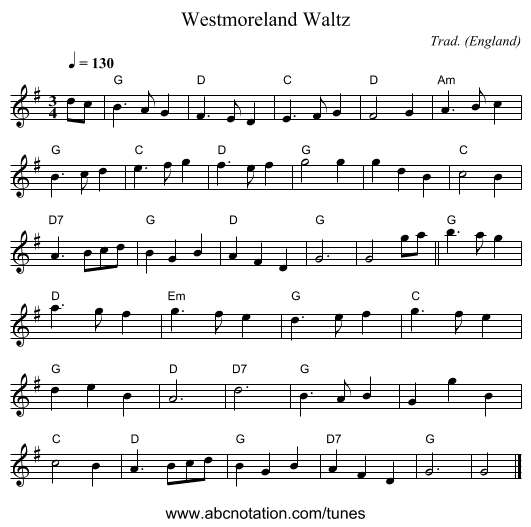 Westmoreland Waltz - staff notation